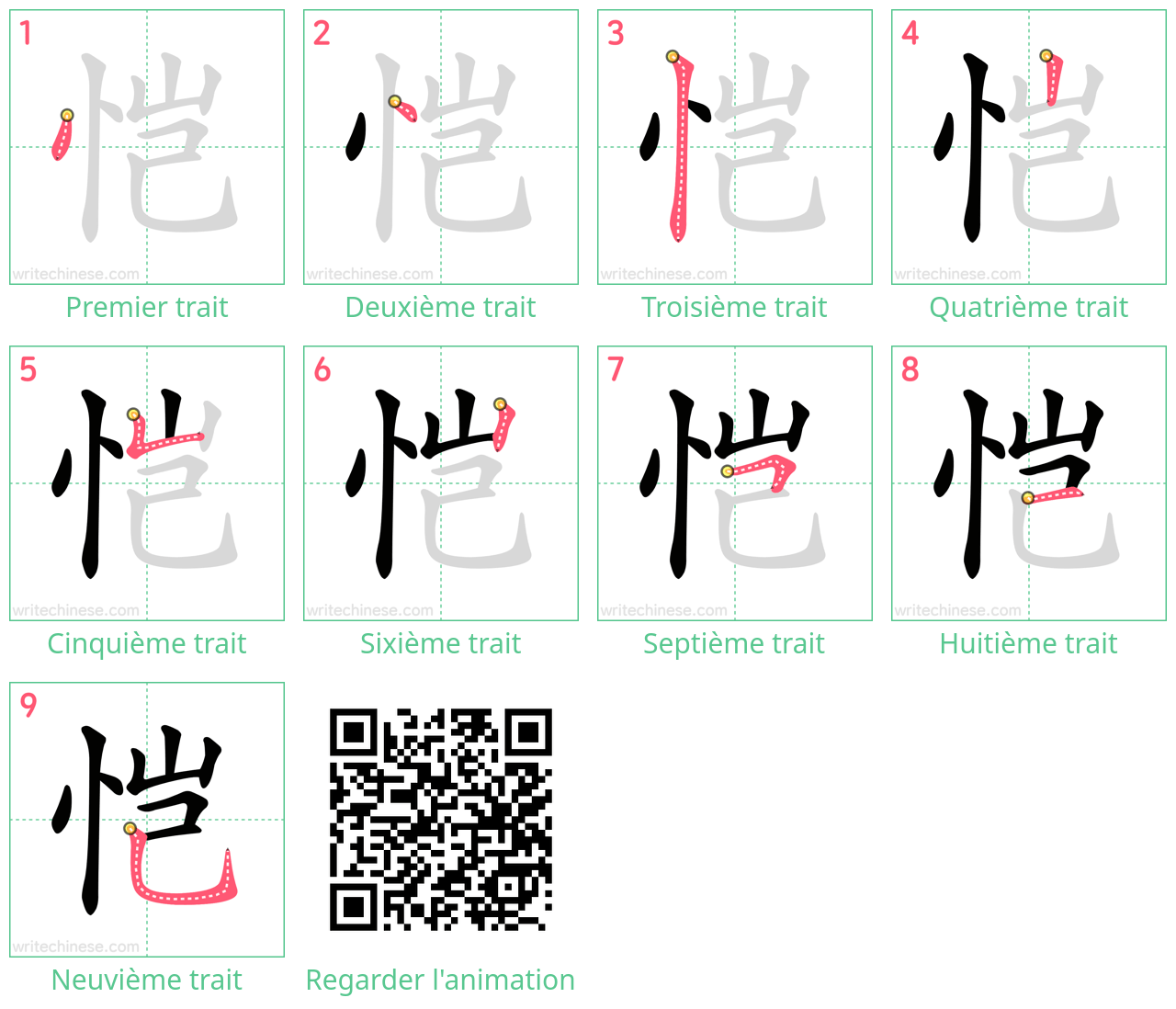 Diagrammes d'ordre des traits étape par étape pour le caractère 恺