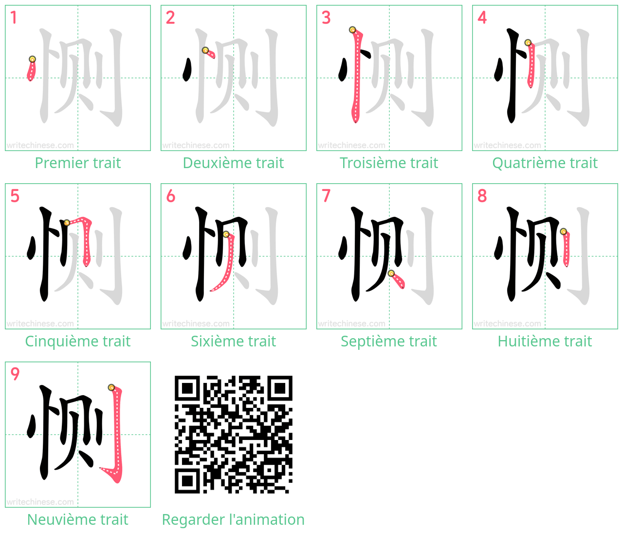 Diagrammes d'ordre des traits étape par étape pour le caractère 恻