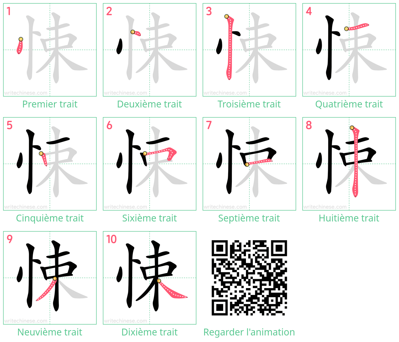 Diagrammes d'ordre des traits étape par étape pour le caractère 悚