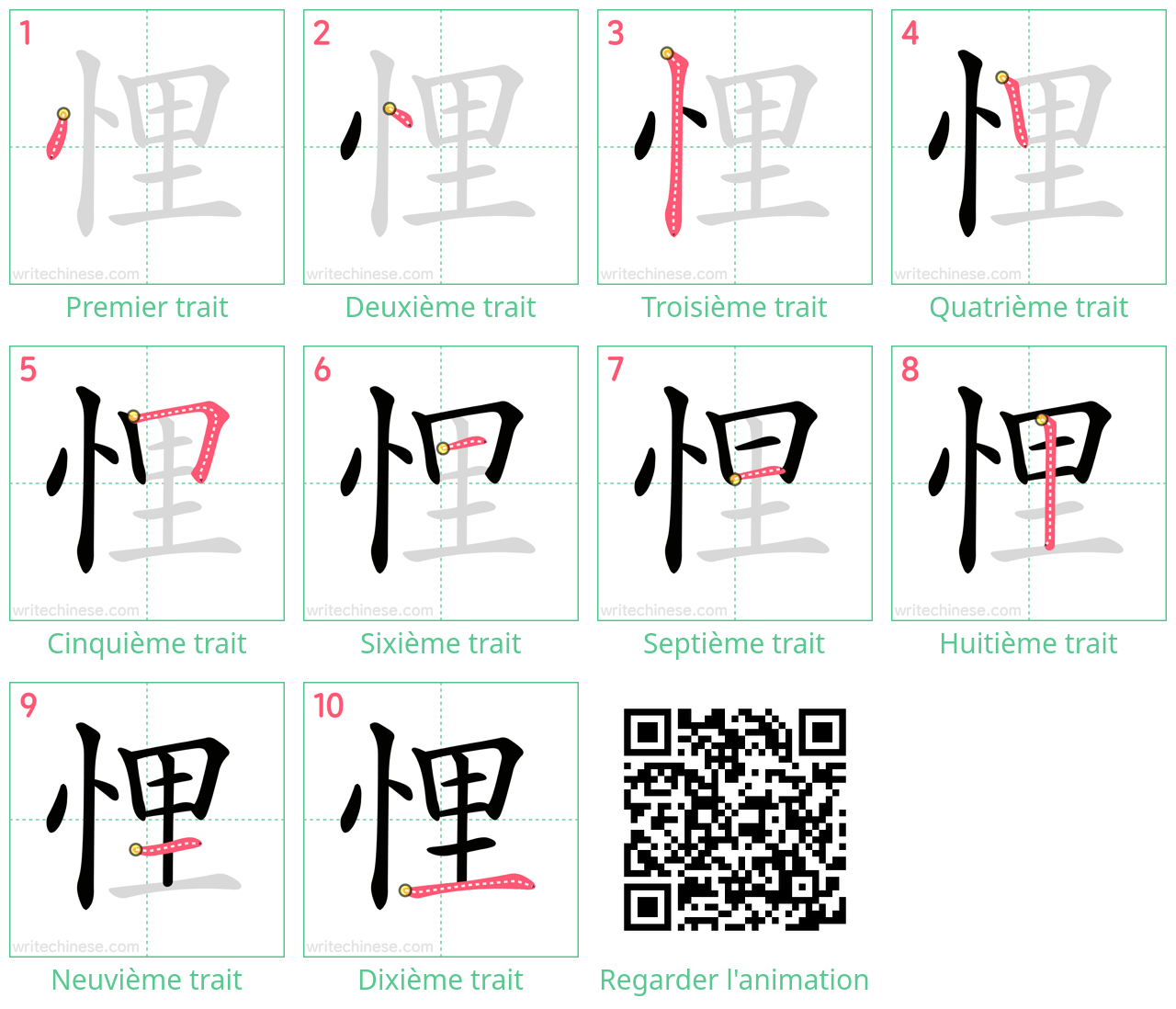 Diagrammes d'ordre des traits étape par étape pour le caractère 悝