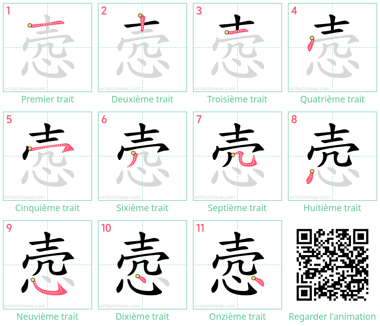 Diagrammes d'ordre des traits étape par étape pour le caractère 悫