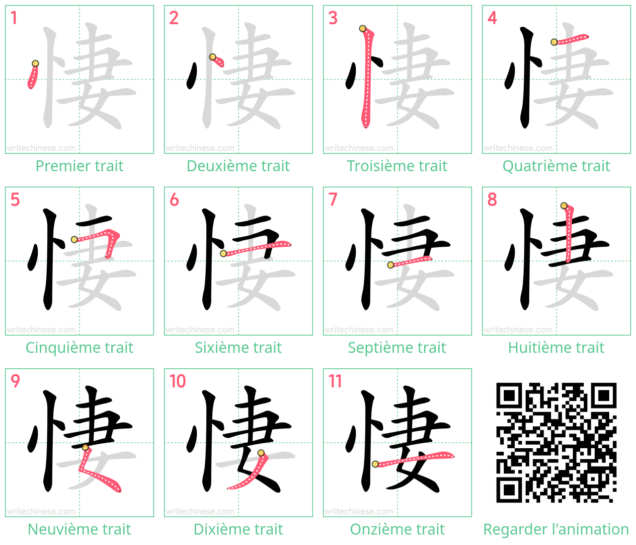 Diagrammes d'ordre des traits étape par étape pour le caractère 悽