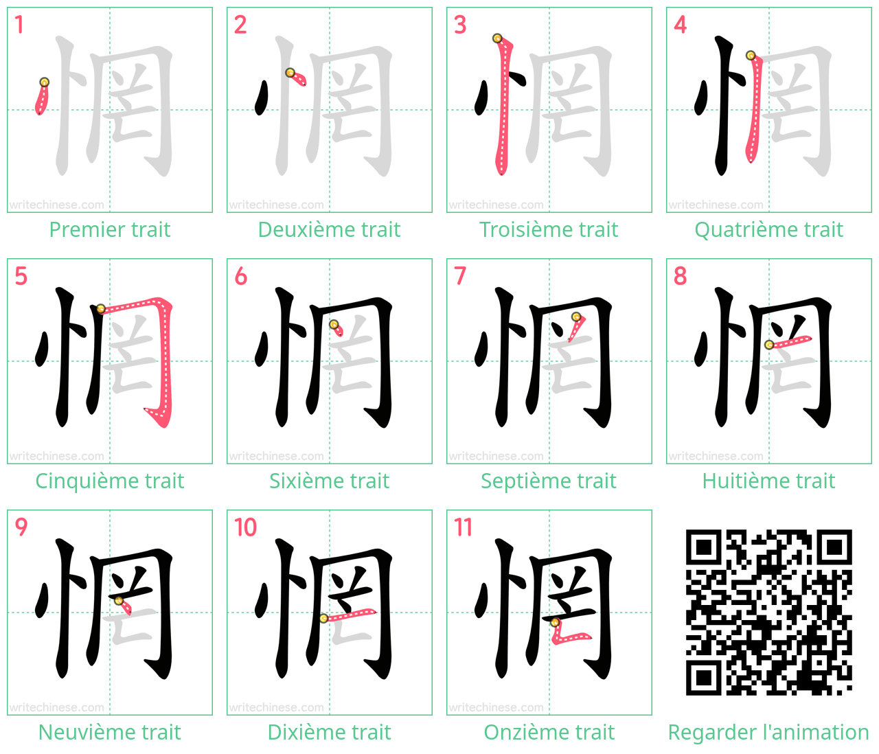 Diagrammes d'ordre des traits étape par étape pour le caractère 惘