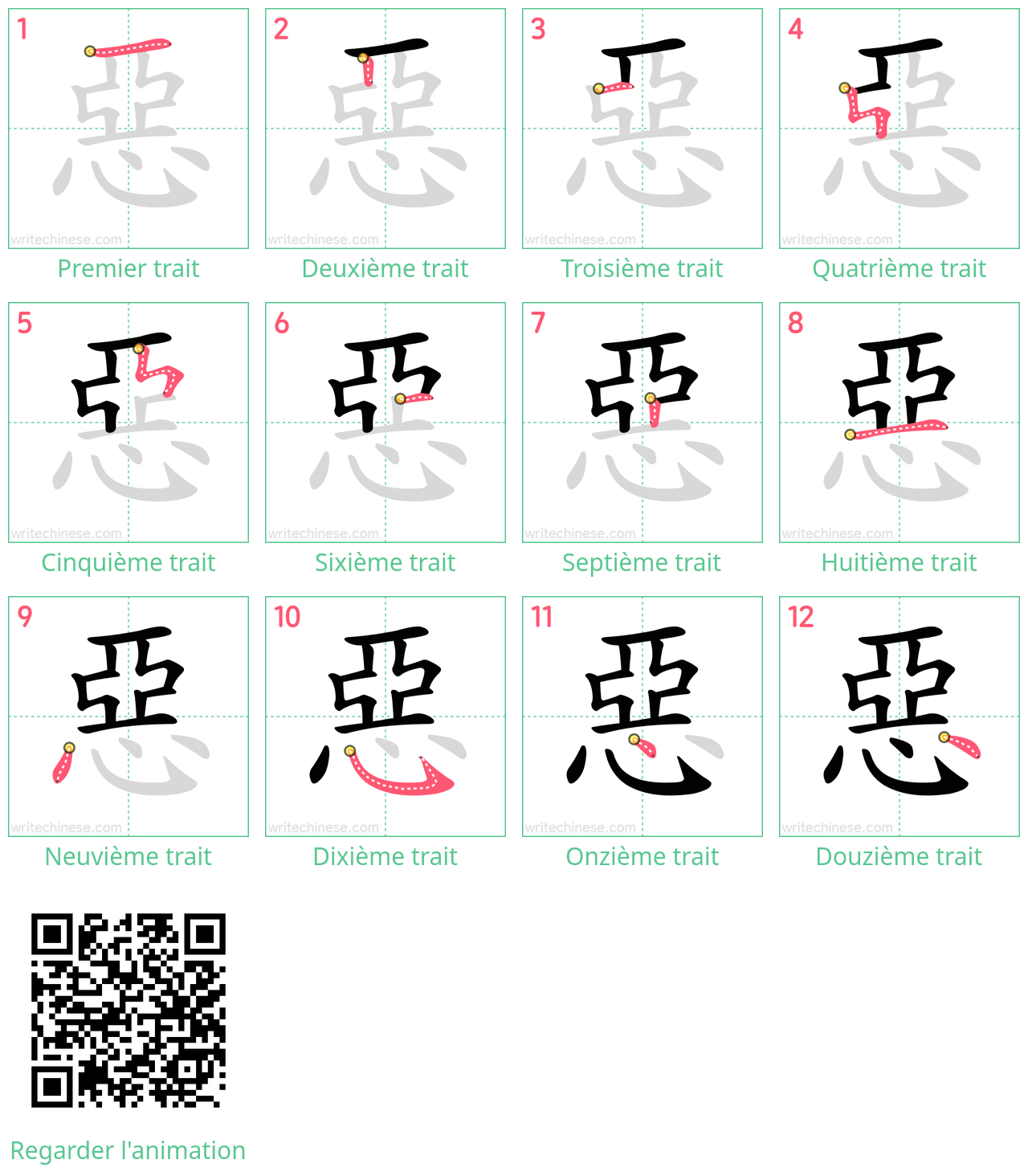 Diagrammes d'ordre des traits étape par étape pour le caractère 惡