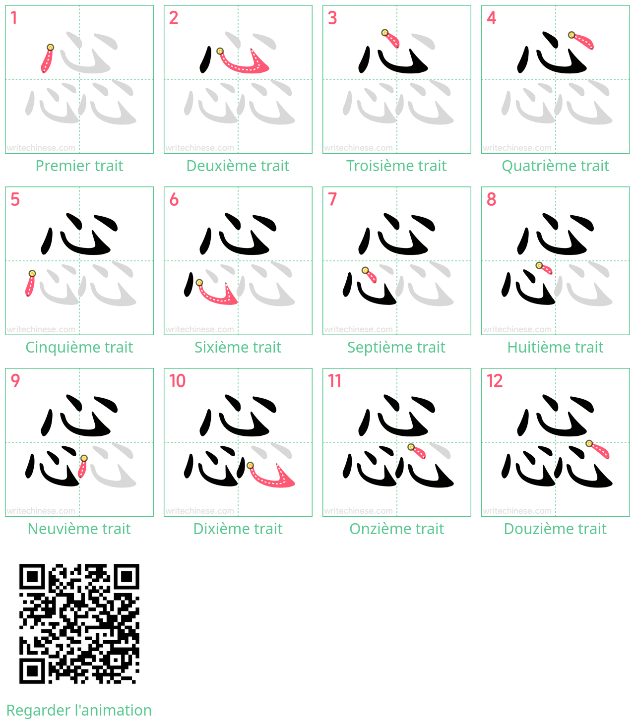 Diagrammes d'ordre des traits étape par étape pour le caractère 惢