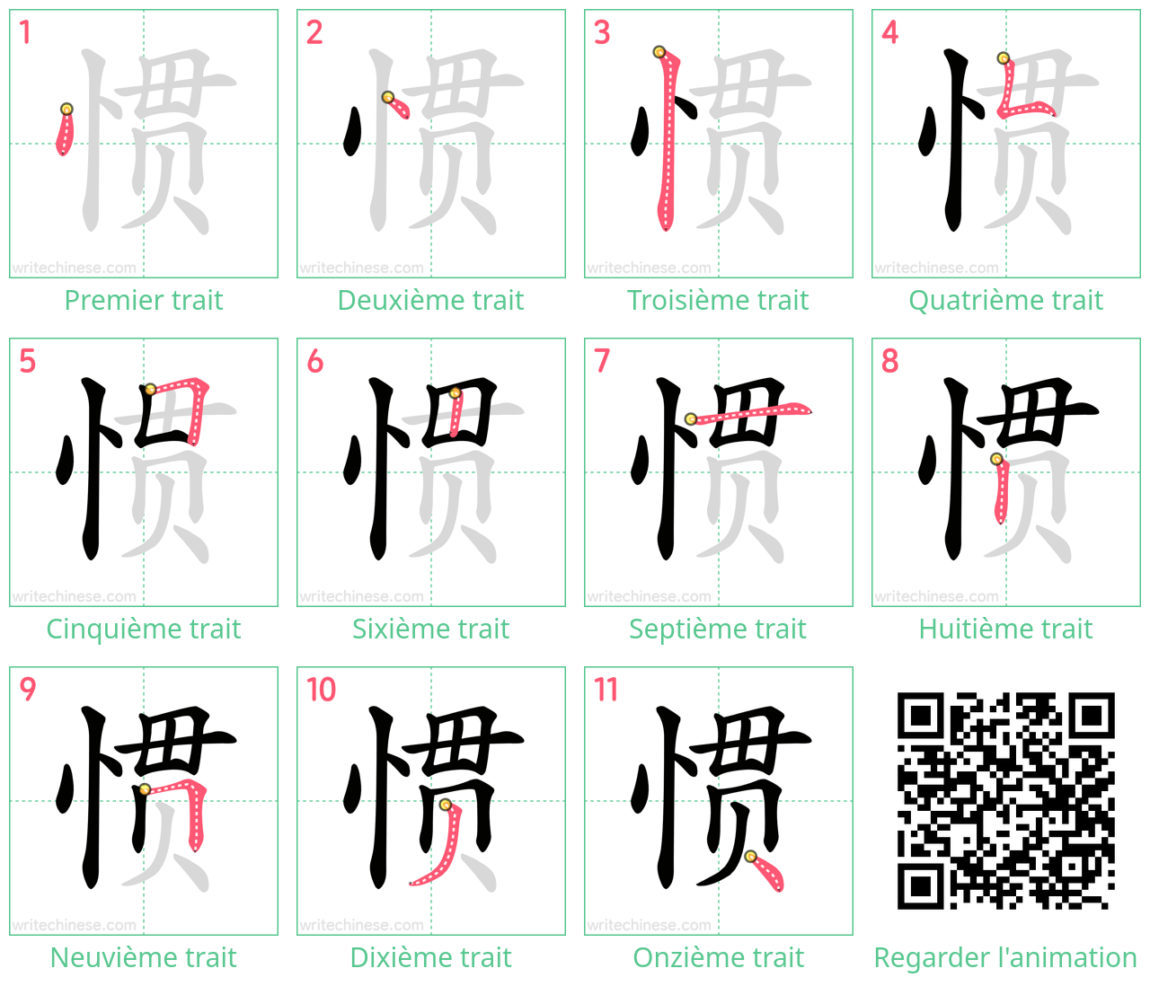 Diagrammes d'ordre des traits étape par étape pour le caractère 惯