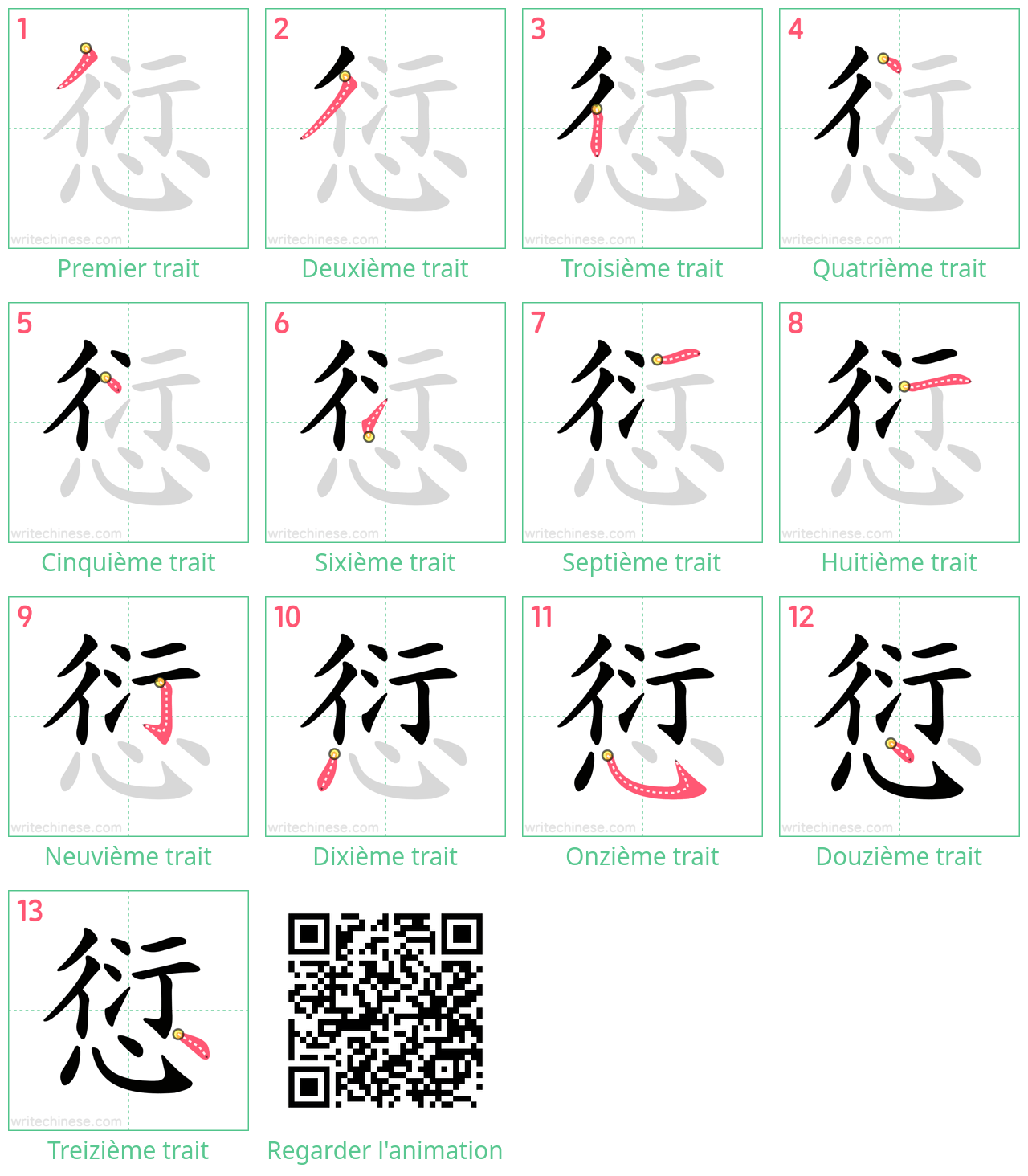 Diagrammes d'ordre des traits étape par étape pour le caractère 愆