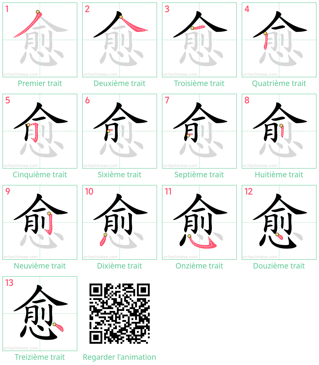 Diagrammes d'ordre des traits étape par étape pour le caractère 愈