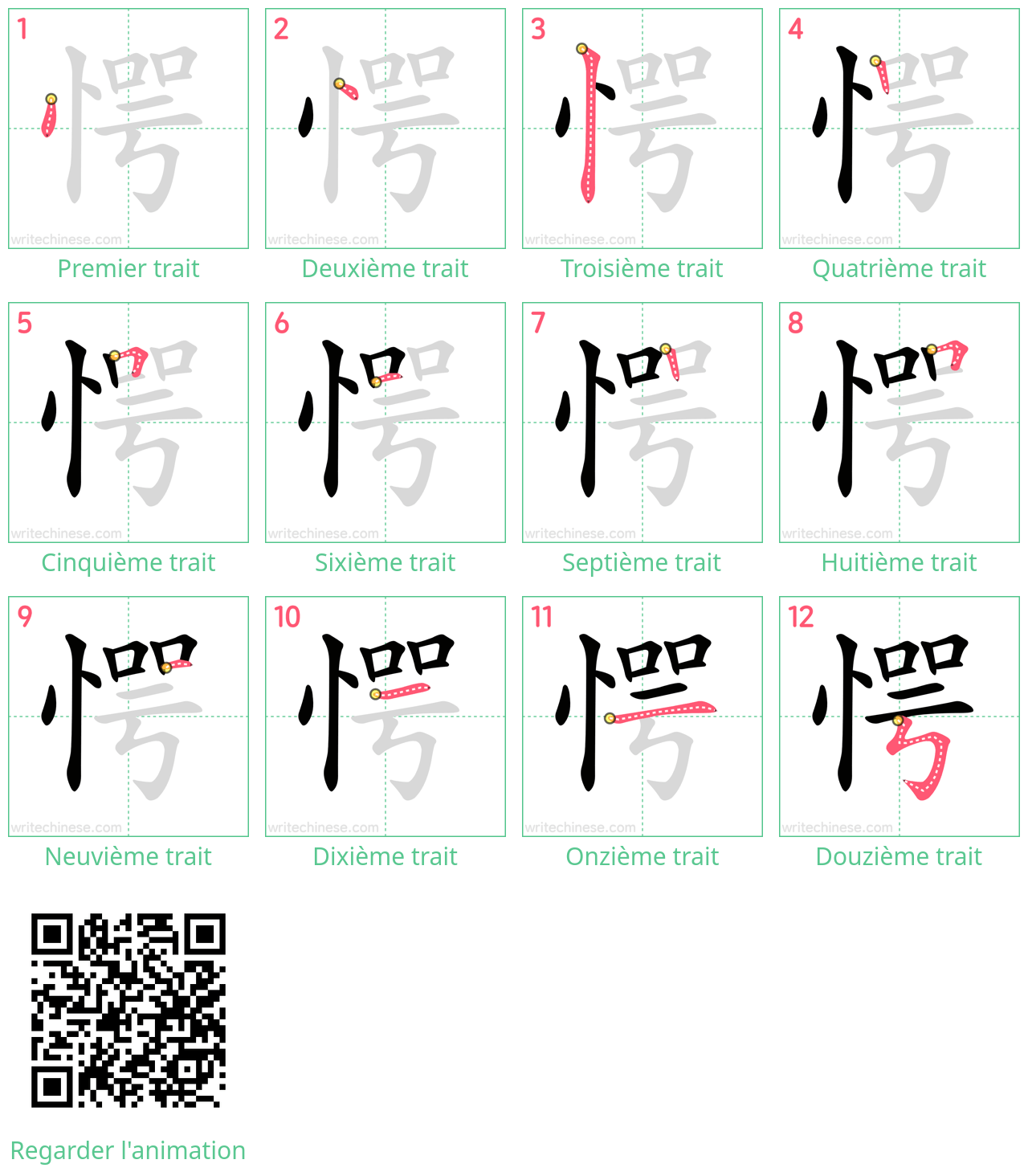 Diagrammes d'ordre des traits étape par étape pour le caractère 愕