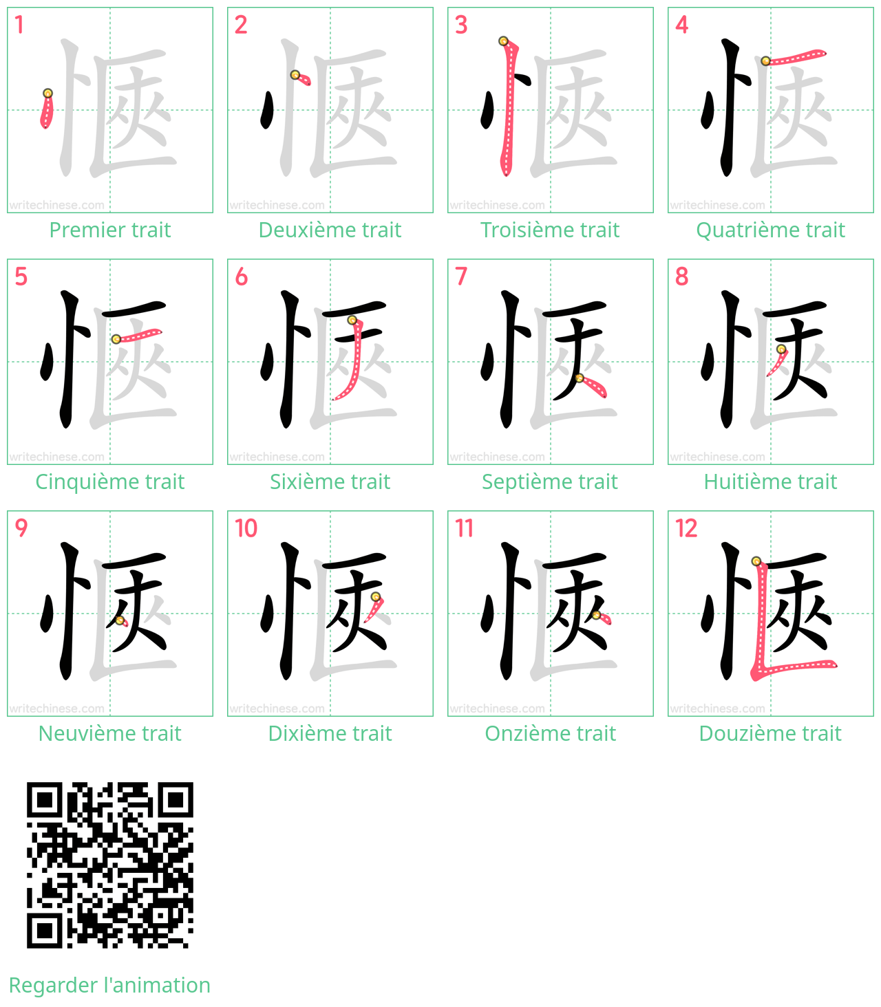 Diagrammes d'ordre des traits étape par étape pour le caractère 愜