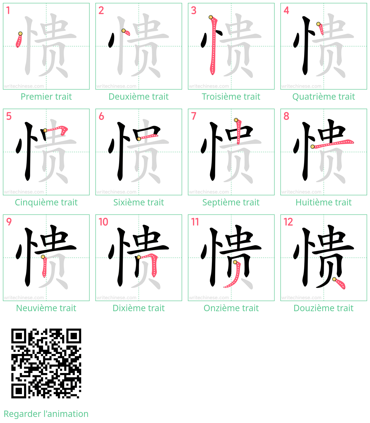 Diagrammes d'ordre des traits étape par étape pour le caractère 愦