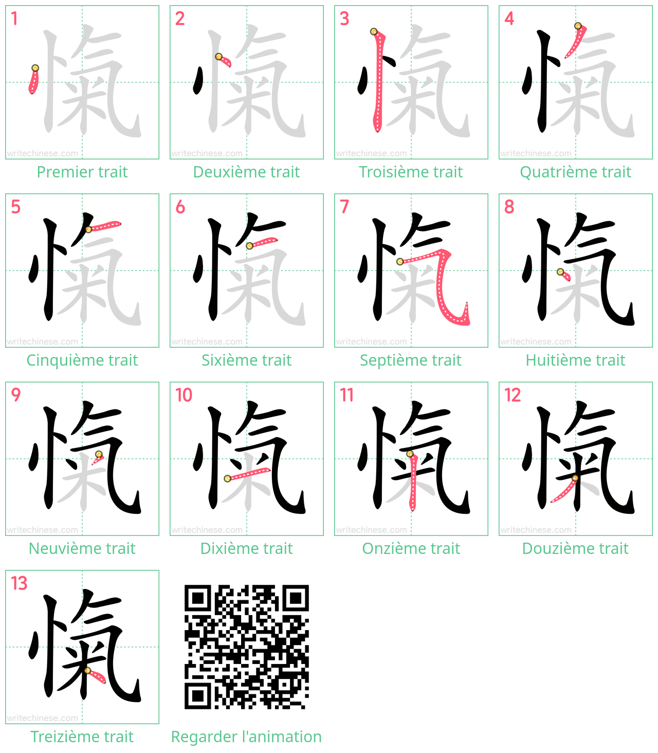 Diagrammes d'ordre des traits étape par étape pour le caractère 愾