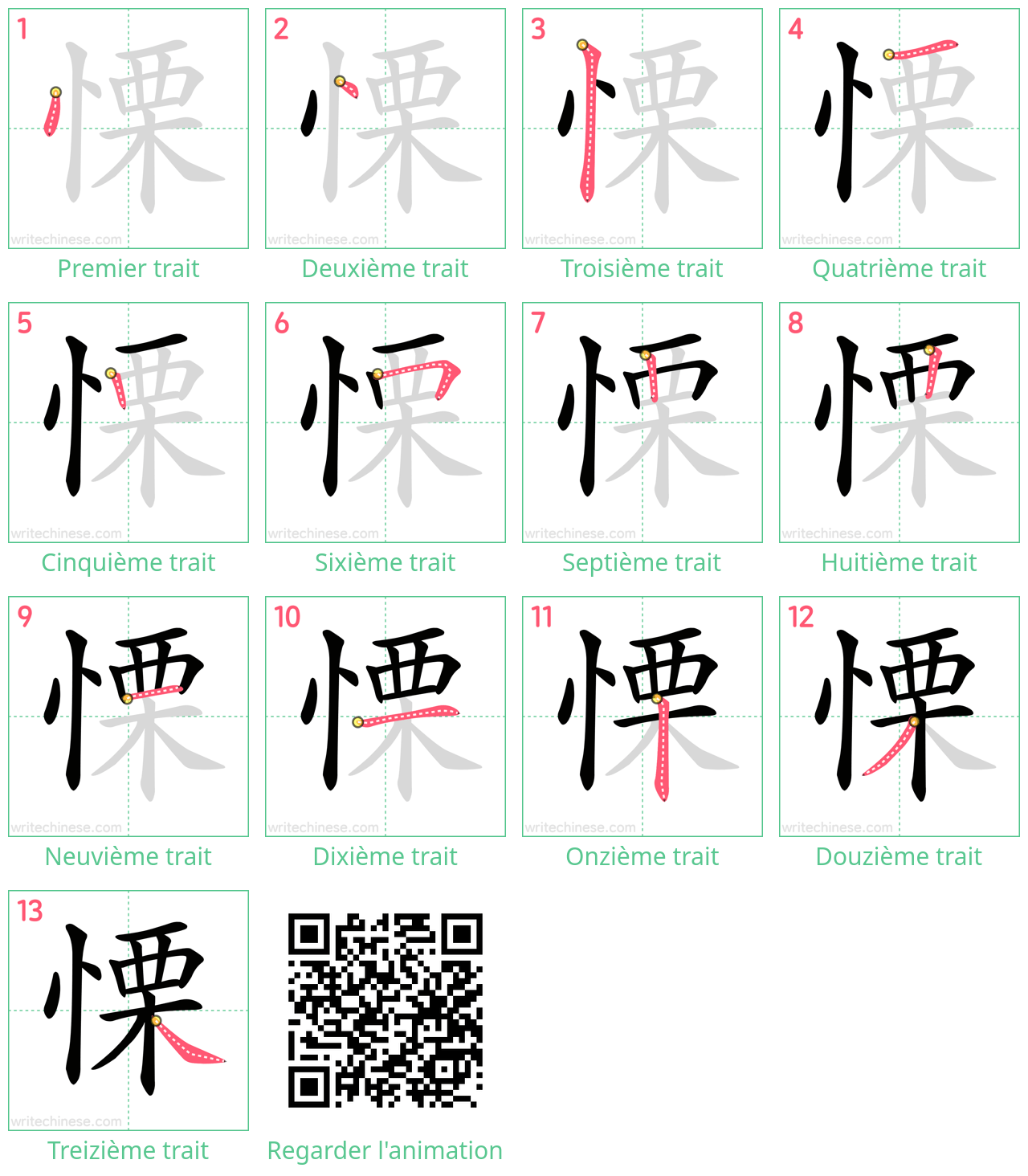 Diagrammes d'ordre des traits étape par étape pour le caractère 慄