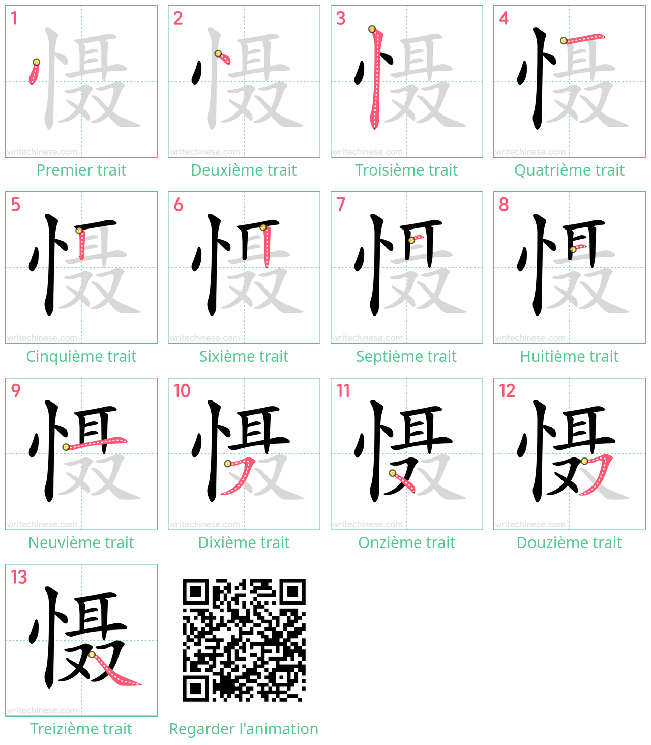 Diagrammes d'ordre des traits étape par étape pour le caractère 慑