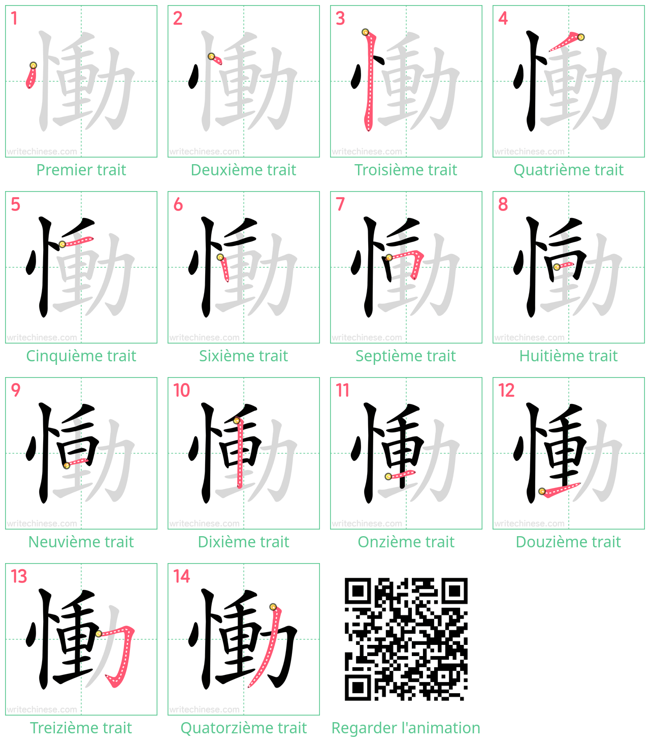 Diagrammes d'ordre des traits étape par étape pour le caractère 慟