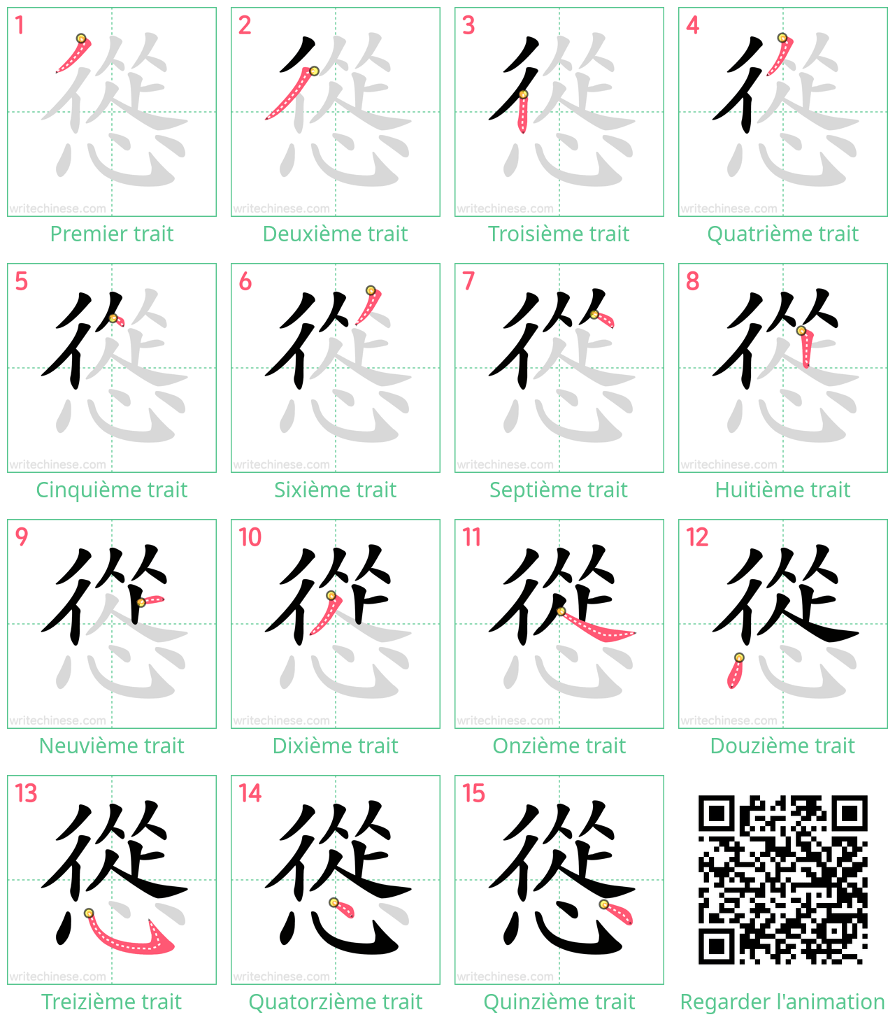 Diagrammes d'ordre des traits étape par étape pour le caractère 慫