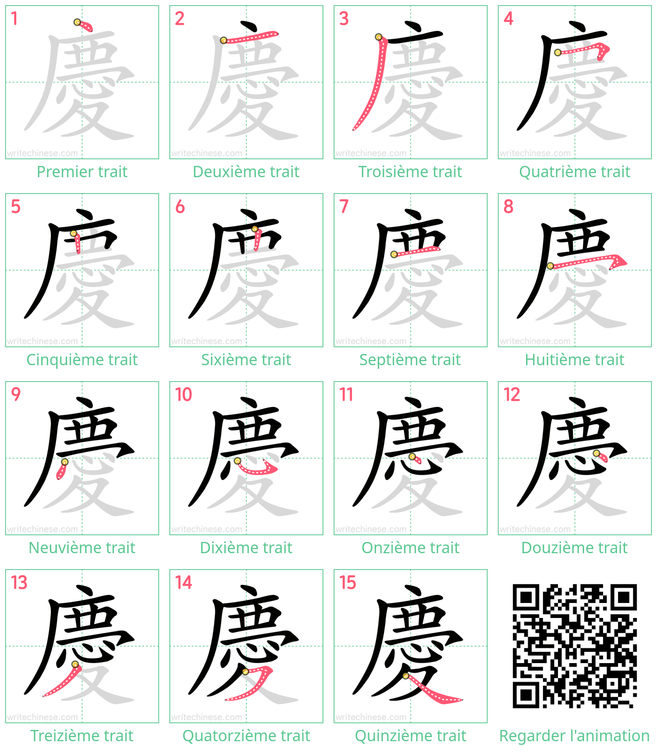 Diagrammes d'ordre des traits étape par étape pour le caractère 慶