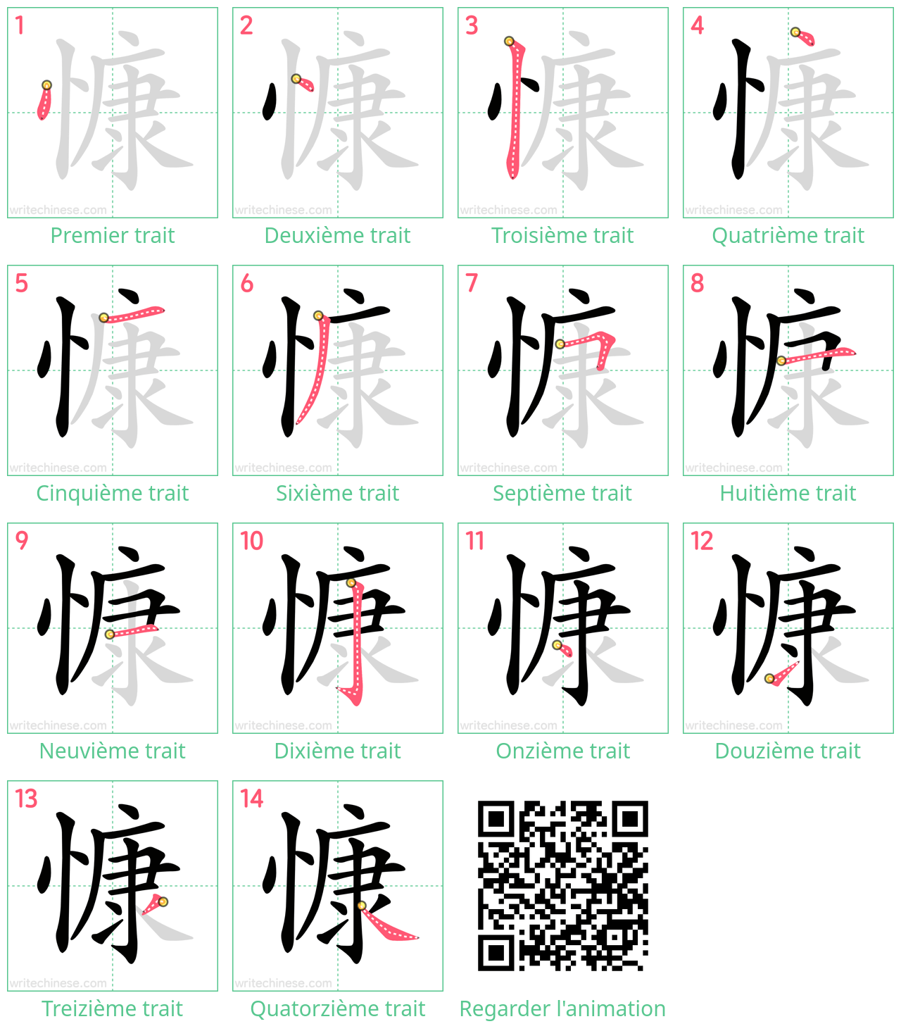 Diagrammes d'ordre des traits étape par étape pour le caractère 慷