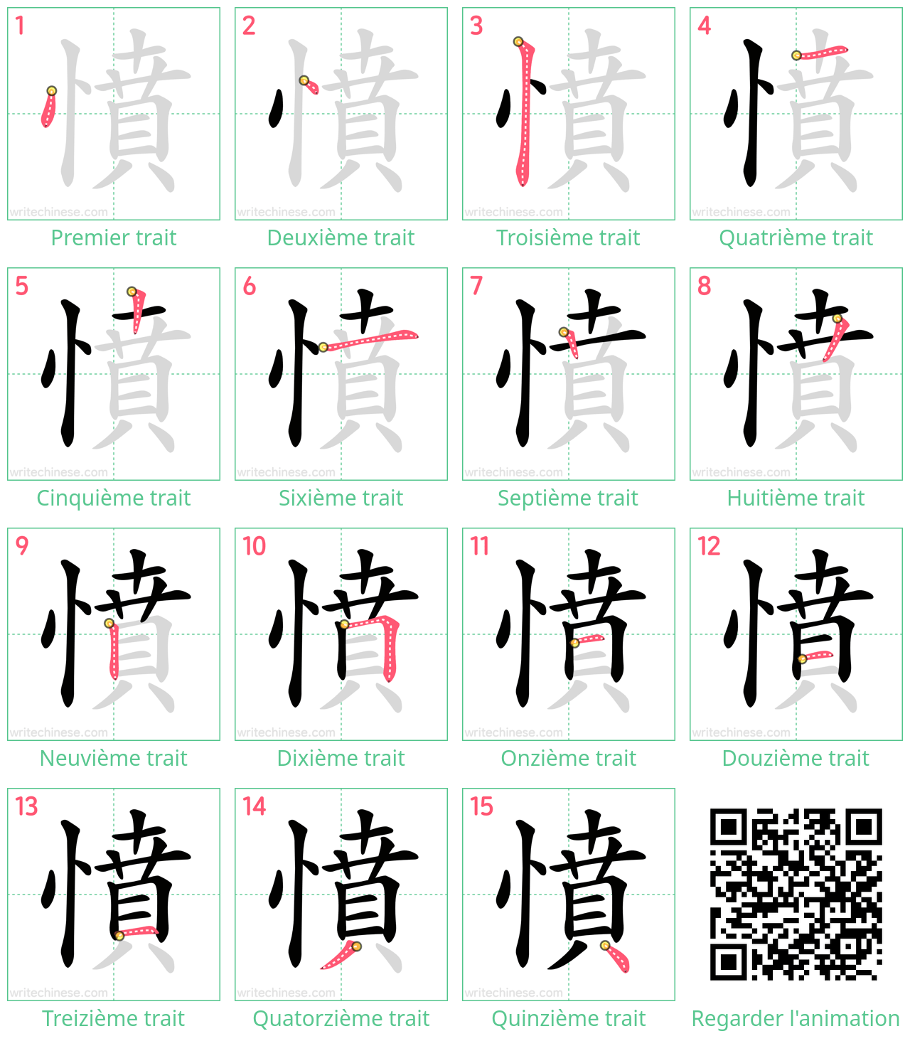 Diagrammes d'ordre des traits étape par étape pour le caractère 憤