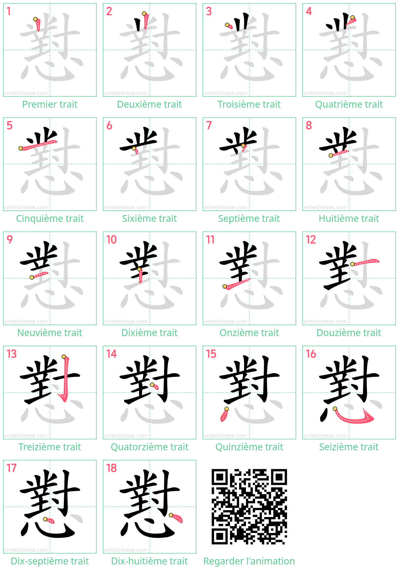 Diagrammes d'ordre des traits étape par étape pour le caractère 懟