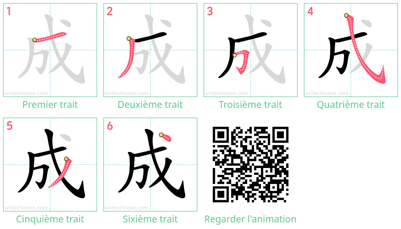 Diagrammes d'ordre des traits étape par étape pour le caractère 成