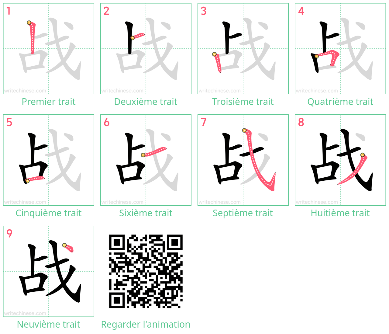 Diagrammes d'ordre des traits étape par étape pour le caractère 战