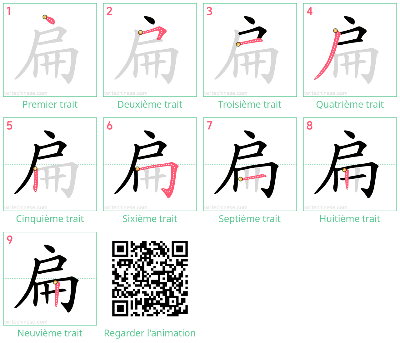 Diagrammes d'ordre des traits étape par étape pour le caractère 扁