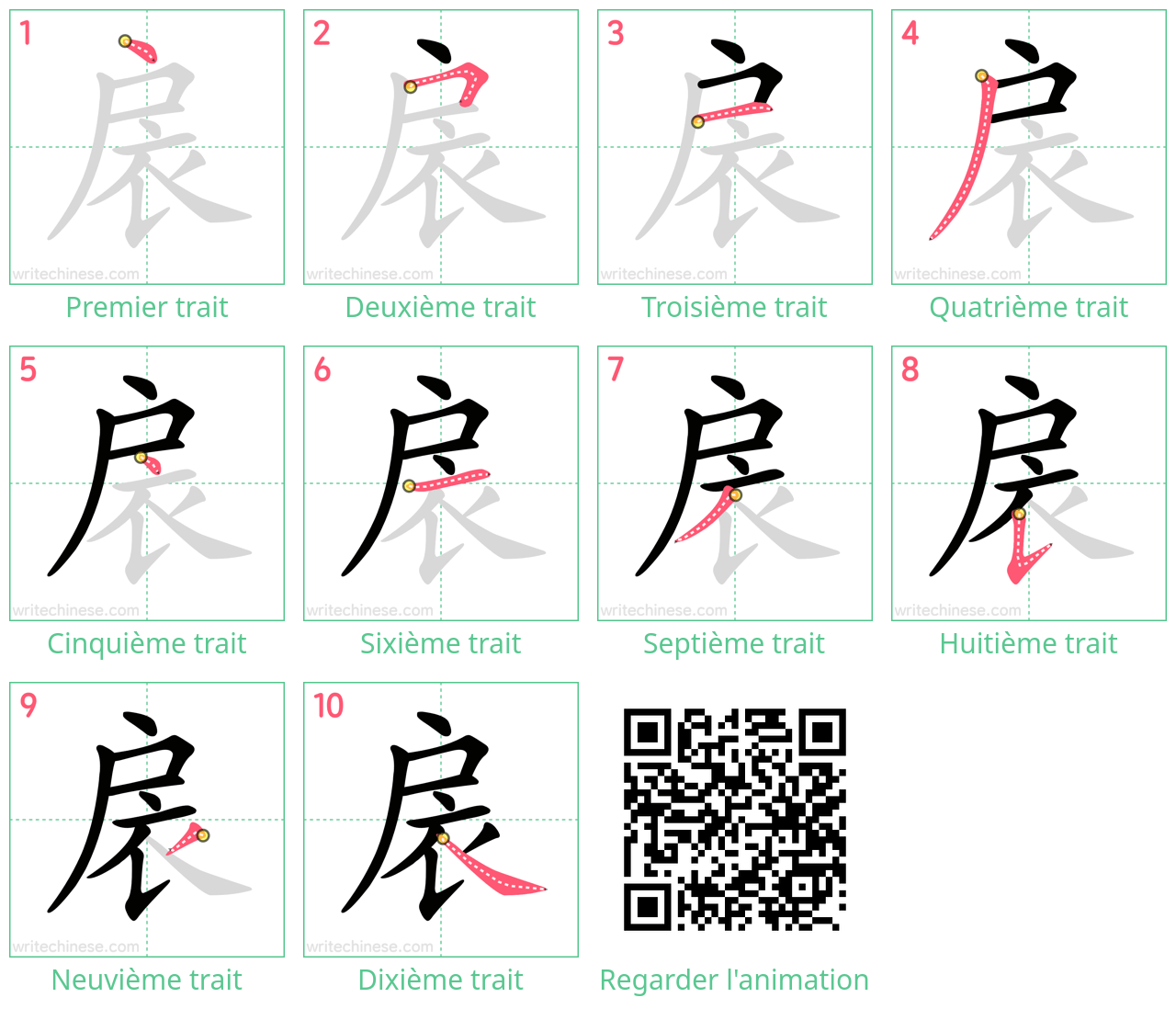 Diagrammes d'ordre des traits étape par étape pour le caractère 扆