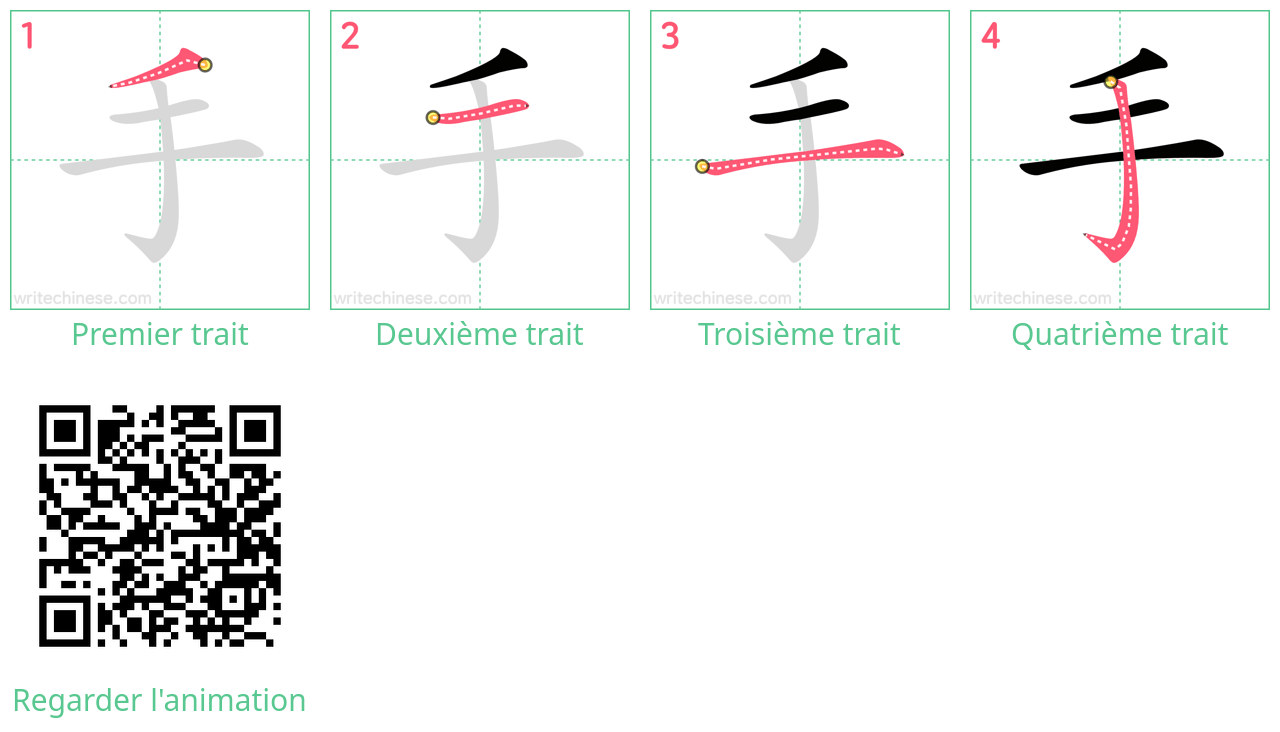 Diagrammes d'ordre des traits étape par étape pour le caractère 手