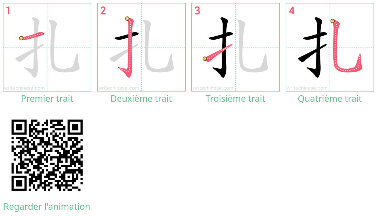 Diagrammes d'ordre des traits étape par étape pour le caractère 扎