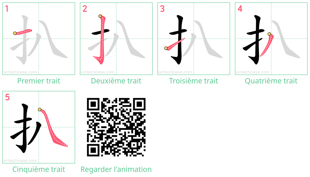 Diagrammes d'ordre des traits étape par étape pour le caractère 扒