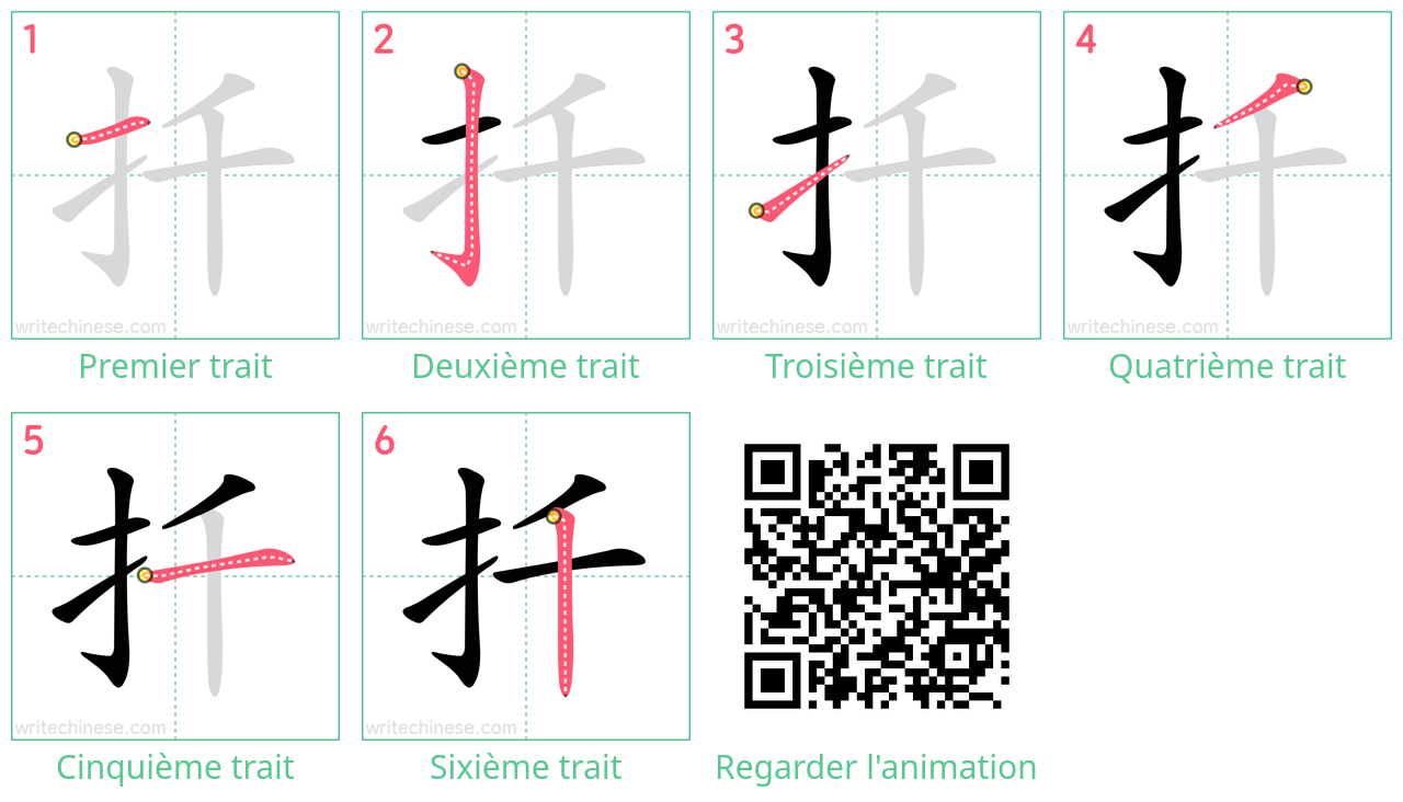 Diagrammes d'ordre des traits étape par étape pour le caractère 扦