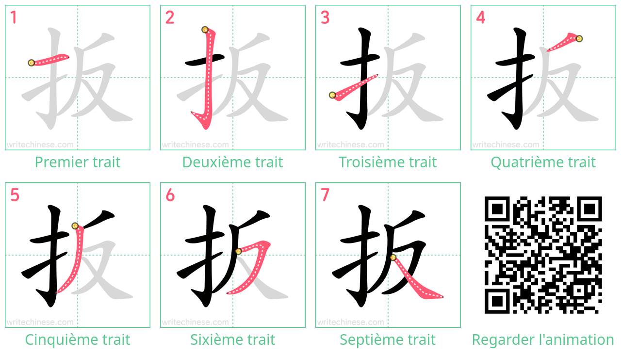 Diagrammes d'ordre des traits étape par étape pour le caractère 扳