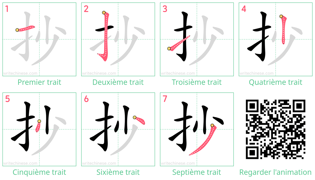 Diagrammes d'ordre des traits étape par étape pour le caractère 抄