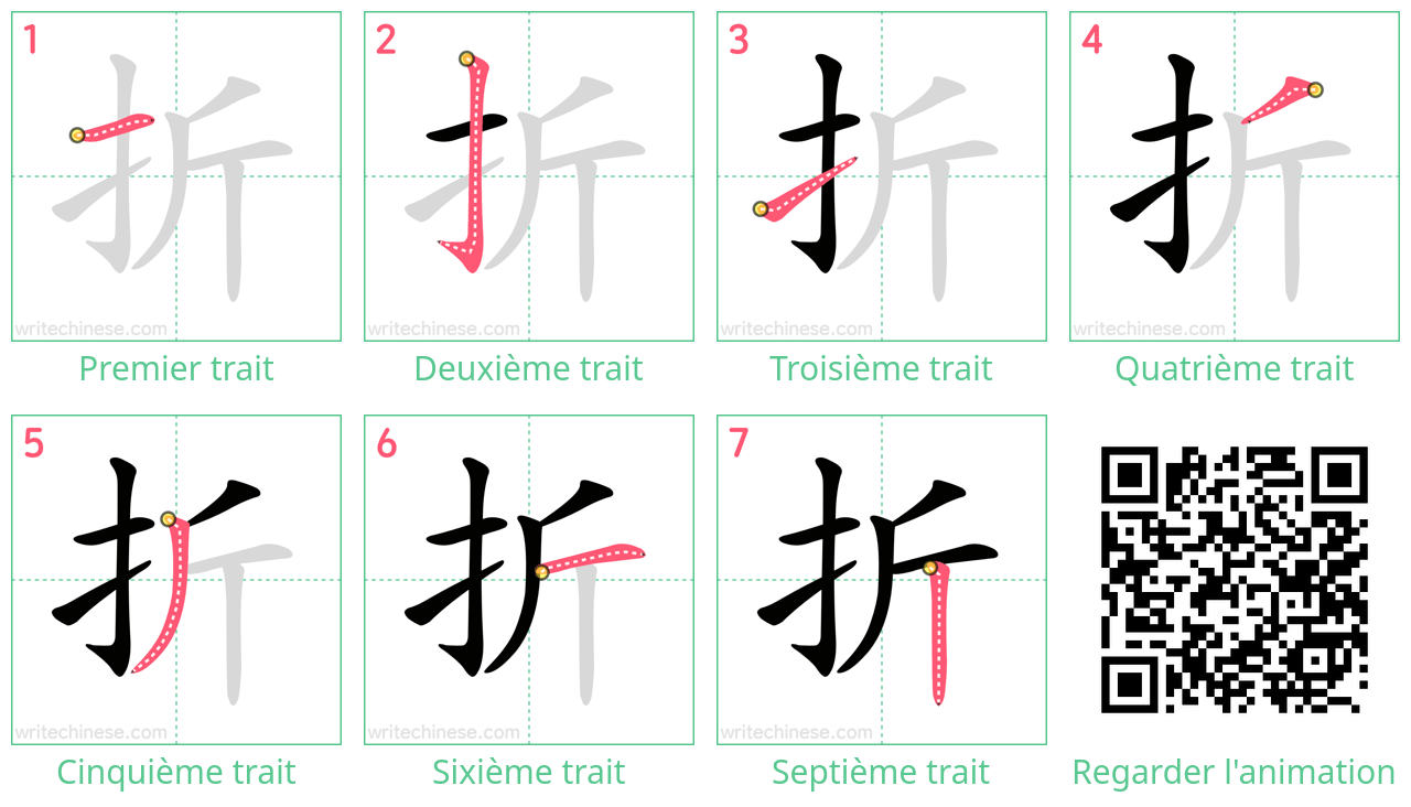 Diagrammes d'ordre des traits étape par étape pour le caractère 折