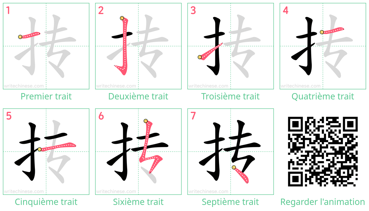 Diagrammes d'ordre des traits étape par étape pour le caractère 抟