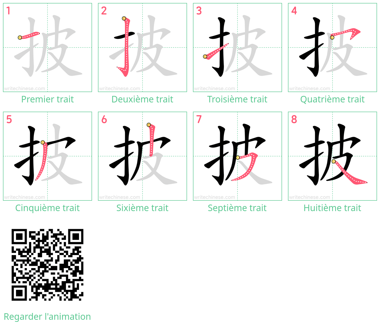 Diagrammes d'ordre des traits étape par étape pour le caractère 披