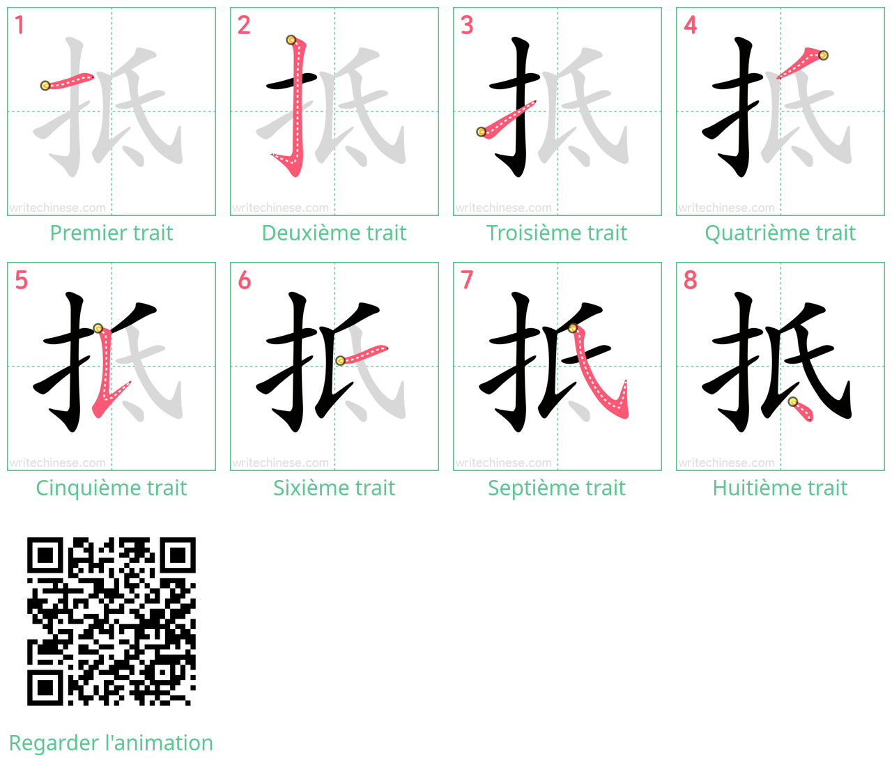 Diagrammes d'ordre des traits étape par étape pour le caractère 抵