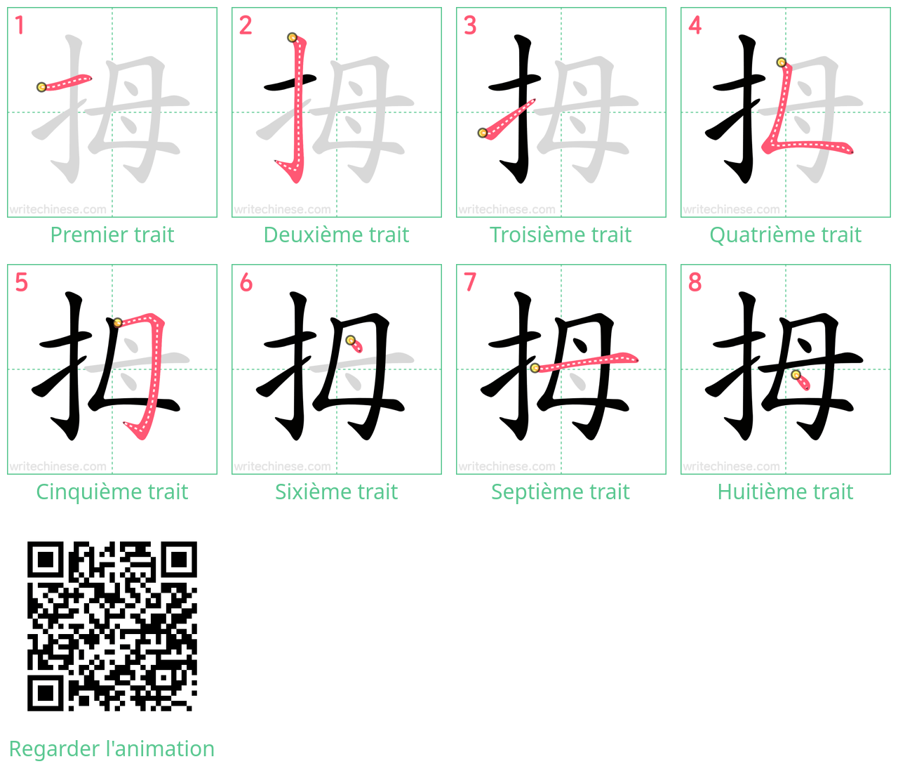 Diagrammes d'ordre des traits étape par étape pour le caractère 拇