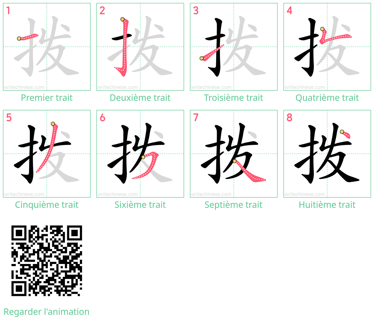 Diagrammes d'ordre des traits étape par étape pour le caractère 拨