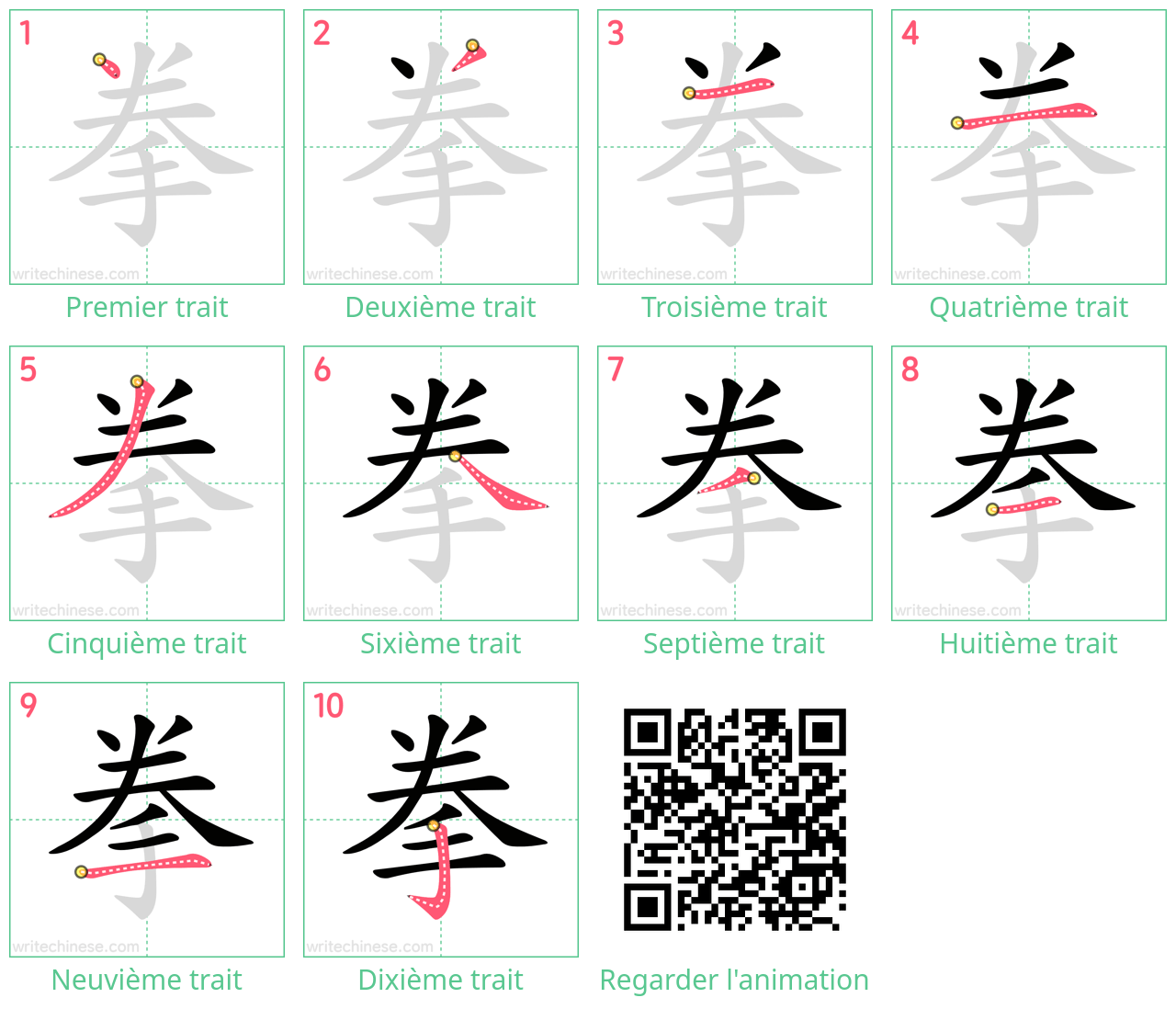 Diagrammes d'ordre des traits étape par étape pour le caractère 拳