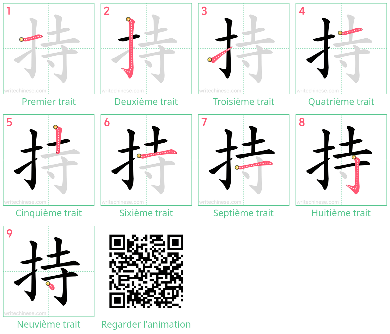 Diagrammes d'ordre des traits étape par étape pour le caractère 持