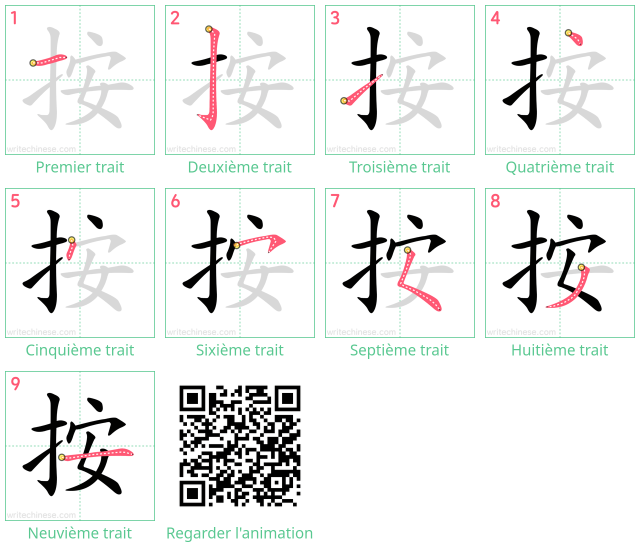 Diagrammes d'ordre des traits étape par étape pour le caractère 按