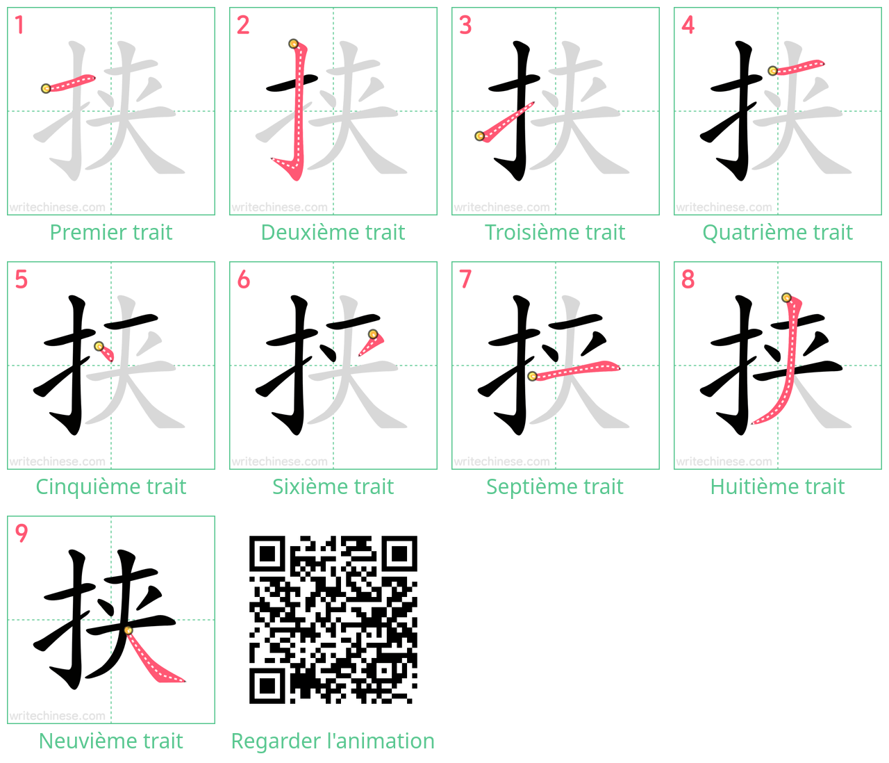 Diagrammes d'ordre des traits étape par étape pour le caractère 挟