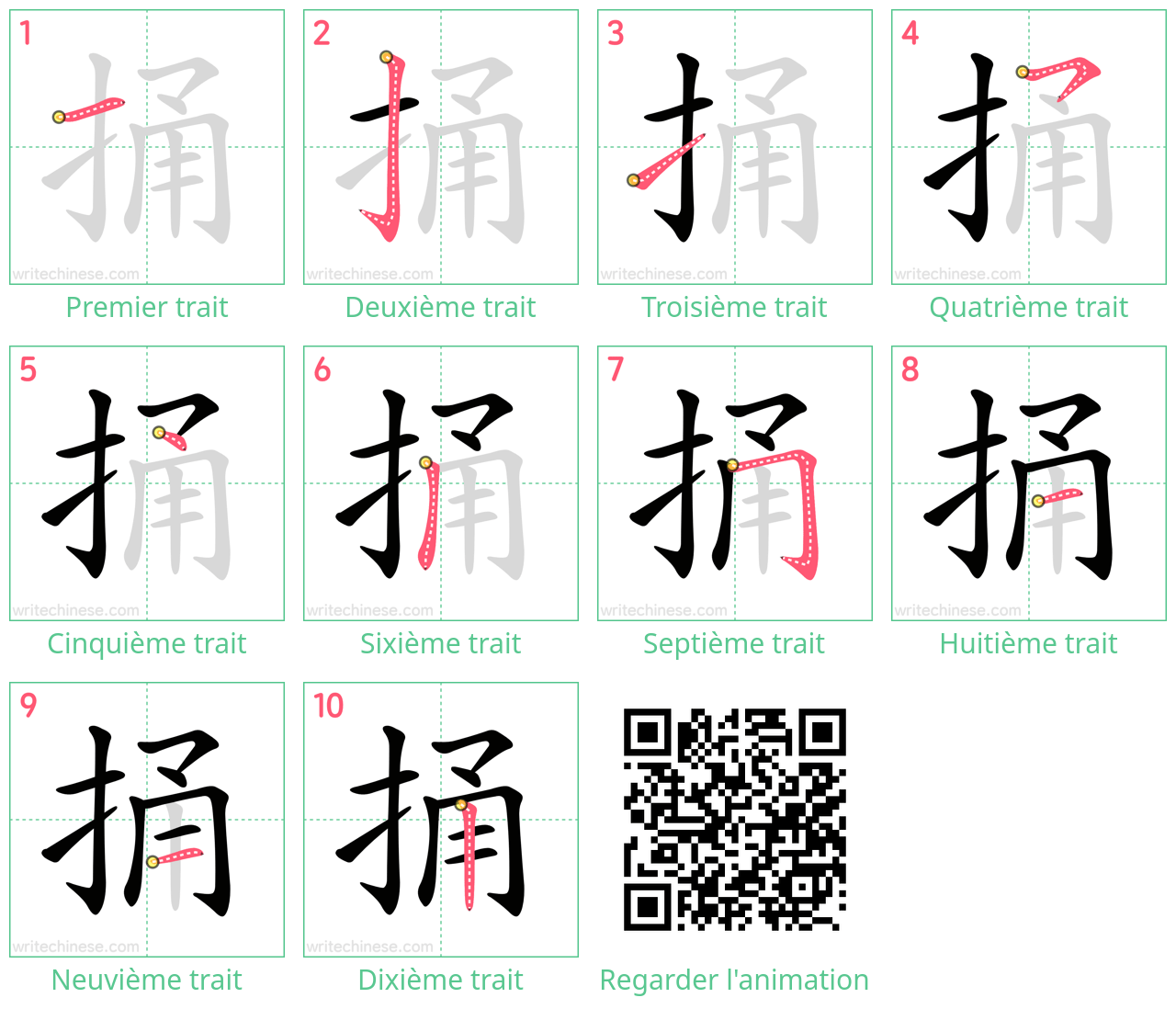 Diagrammes d'ordre des traits étape par étape pour le caractère 捅