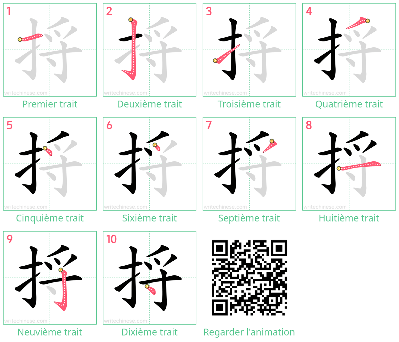 Diagrammes d'ordre des traits étape par étape pour le caractère 捋