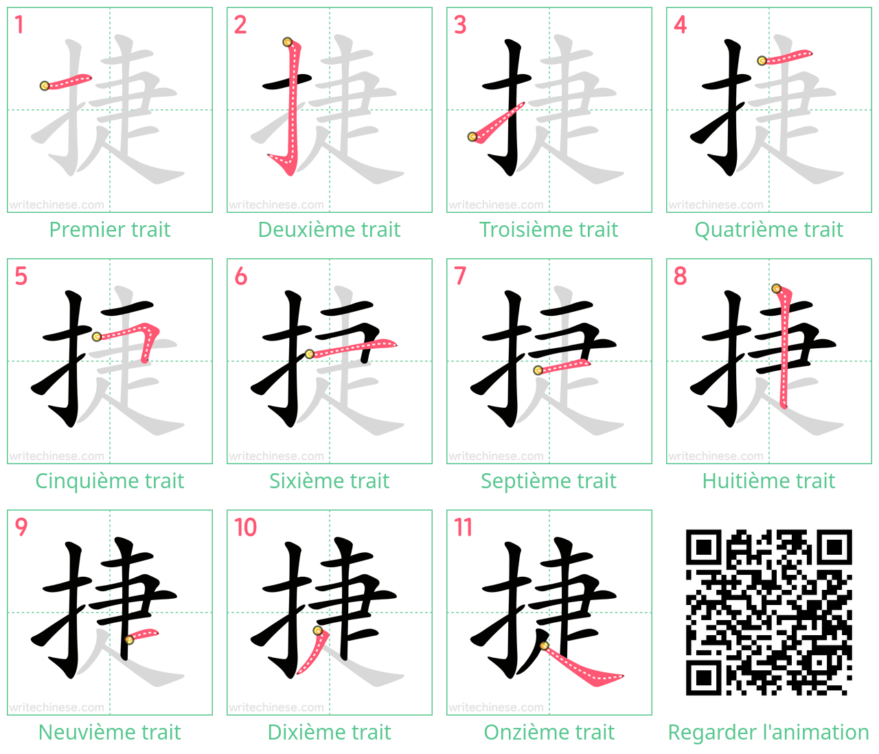 Diagrammes d'ordre des traits étape par étape pour le caractère 捷