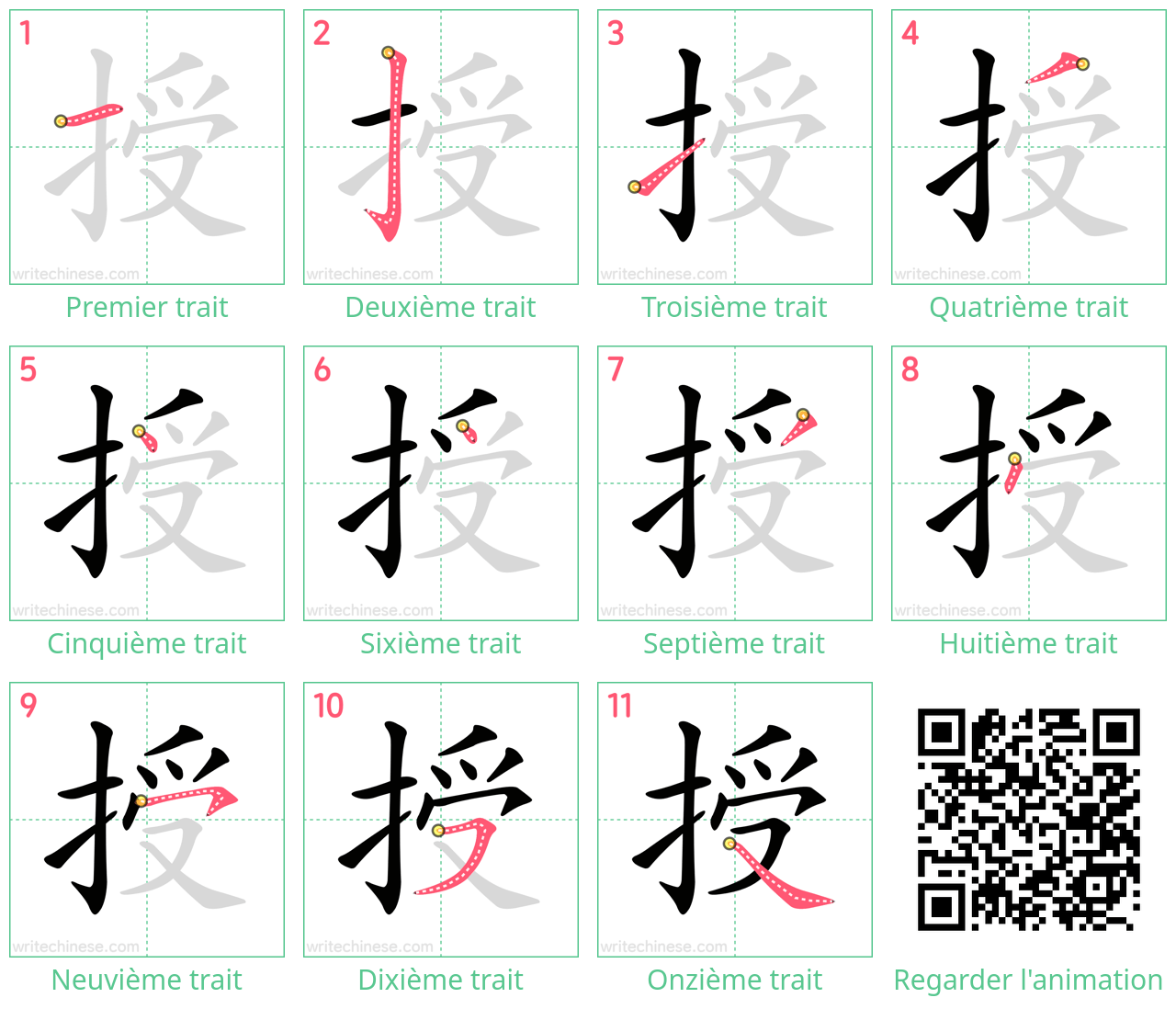 Diagrammes d'ordre des traits étape par étape pour le caractère 授