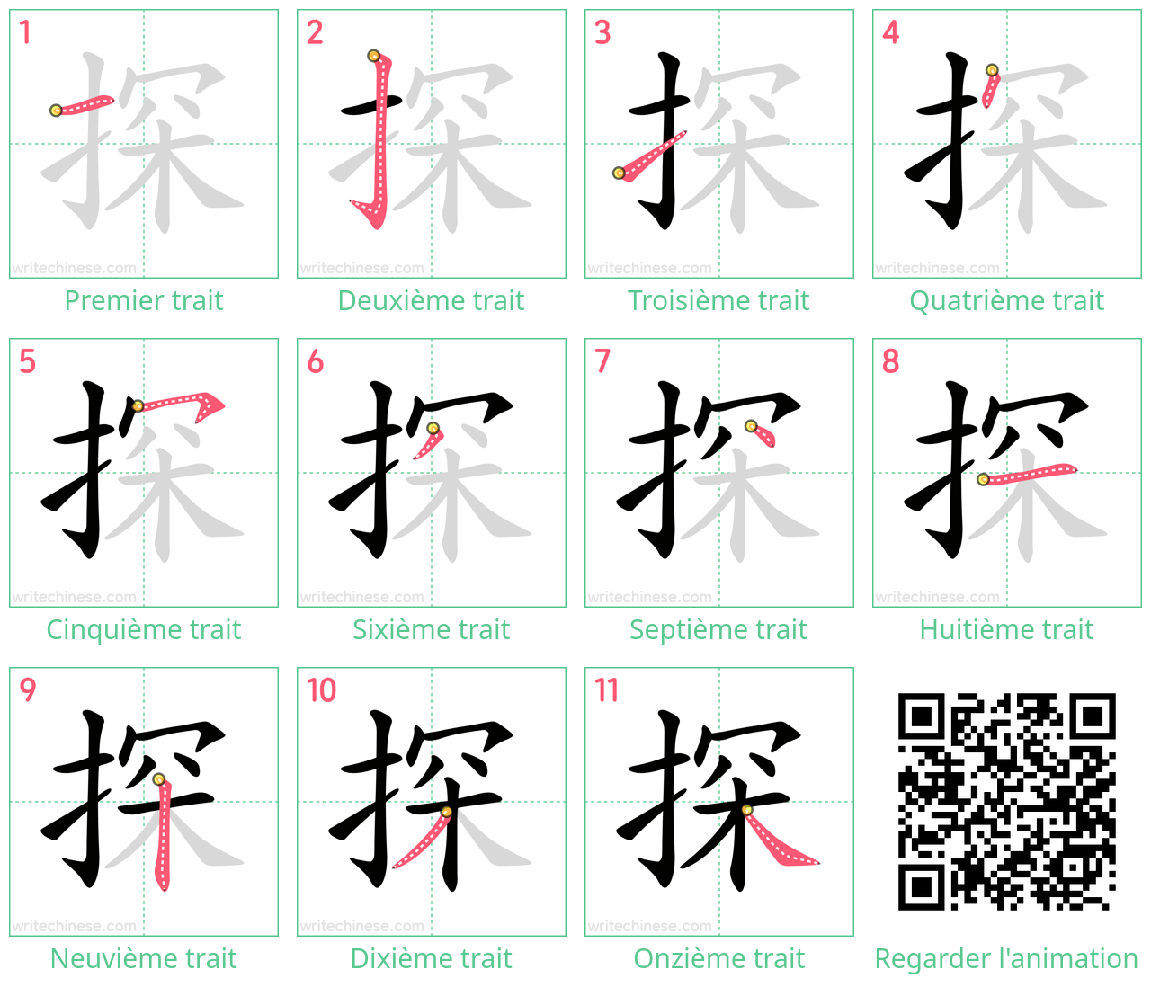 Diagrammes d'ordre des traits étape par étape pour le caractère 探