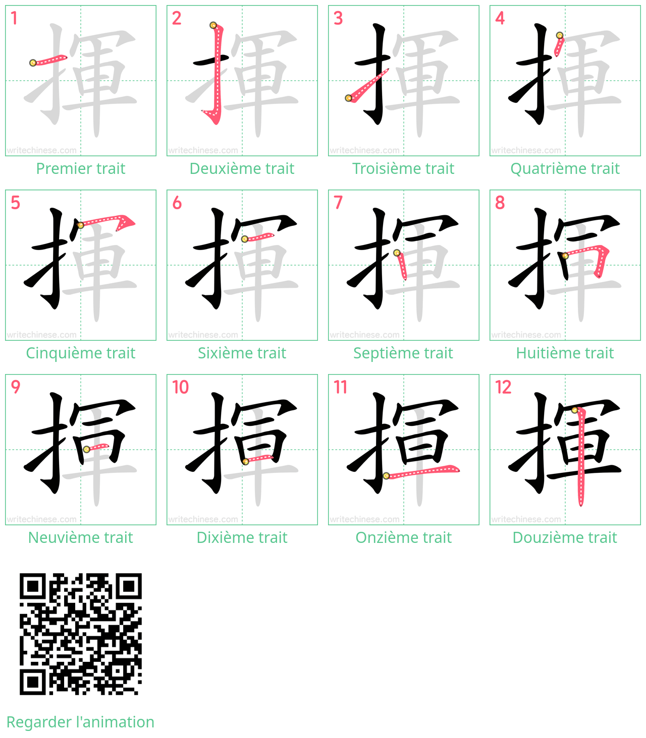 Diagrammes d'ordre des traits étape par étape pour le caractère 揮